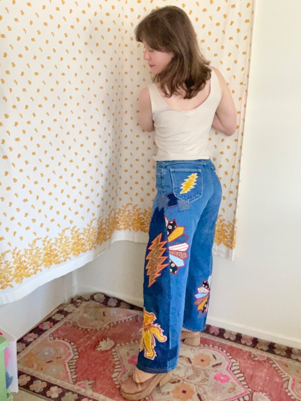 Vintage Lee Upcycled Patchwork Jeans 12P OOAK 70s Hippie Wide Leg - Picture 11 of 12